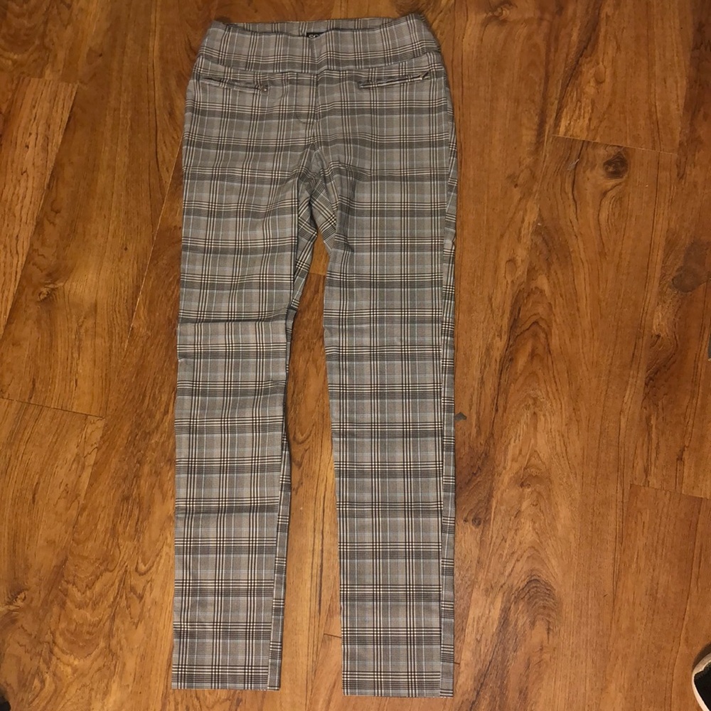 Light blue, white and black skinny dress pants.